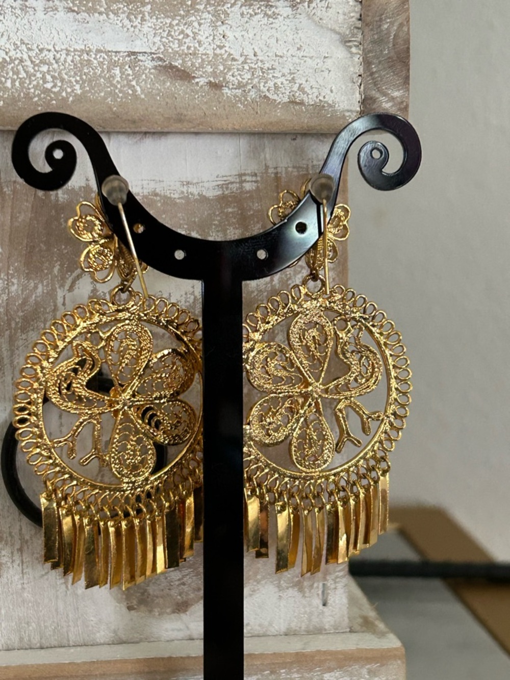 Gold Filigree Fringe Drop Earrings, Peacock Earrings, - Picture 4 of 4